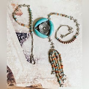 Amerie Lariat Kingman Turquoise Rosy Revolver Red Jade Vintage Glass Carnelian